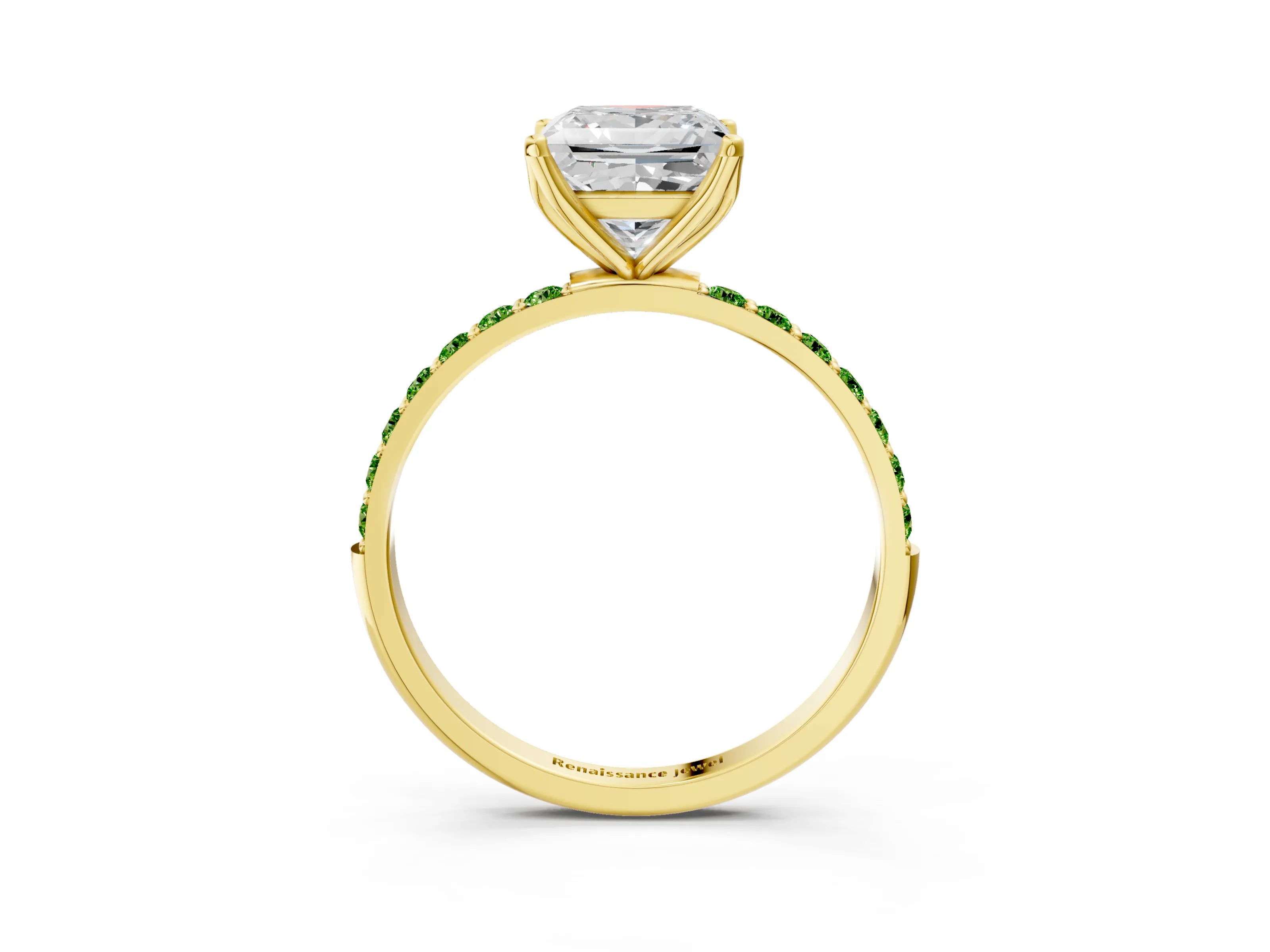 Yellow gold Princess Cut Diamond Solitaire Engagement Ring with Round with Peridot side stone Pavé Band and Prong Setting_3