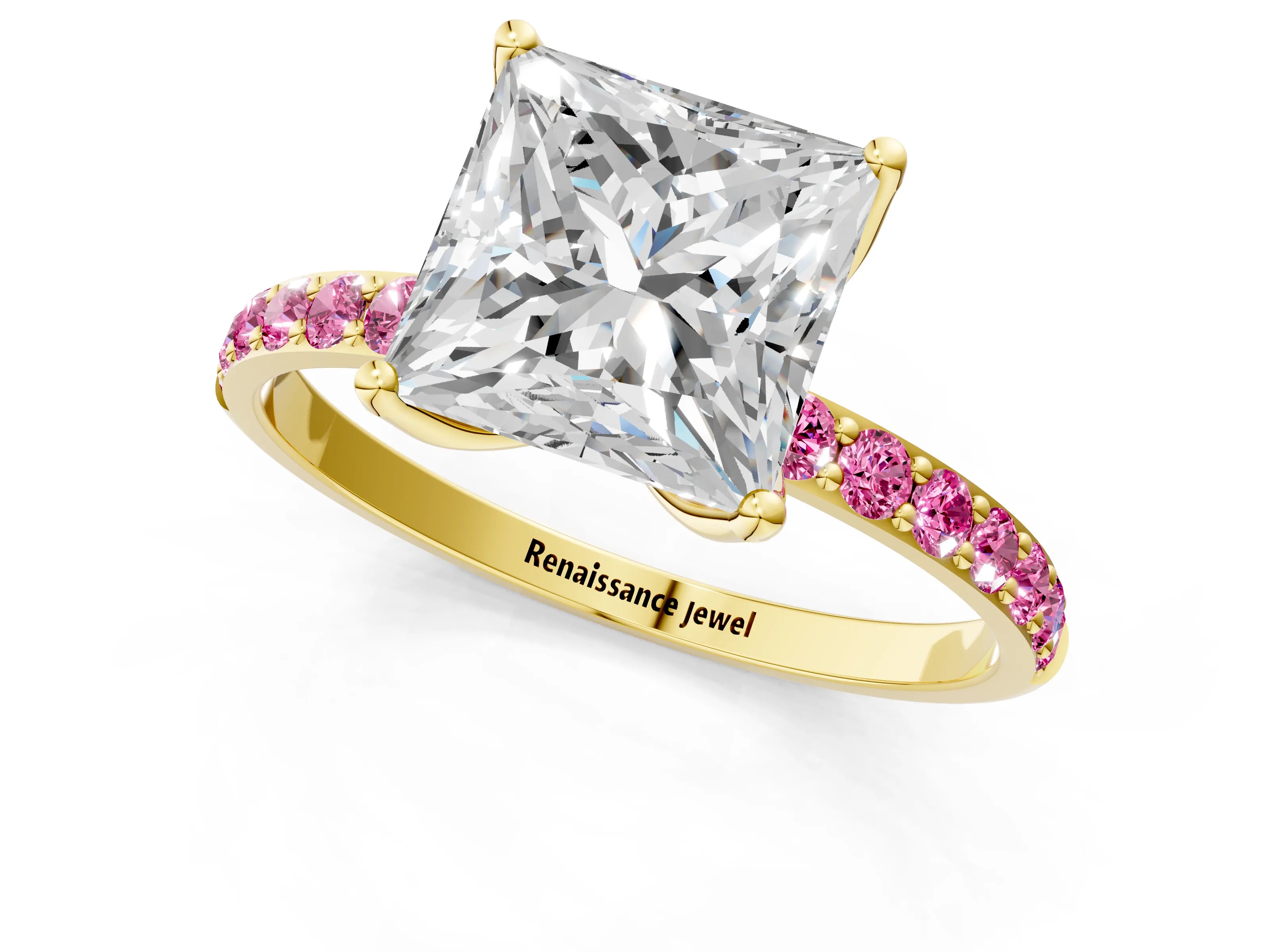 Yellow gold Princess Cut Diamond Solitaire Engagement Ring with Round with Pink Sapphire side stone Pavé Band and Prong Setting_1