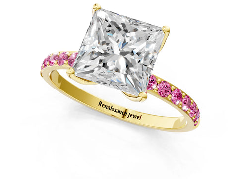 Yellow gold Princess Cut Diamond Solitaire Engagement Ring with Round with Pink Sapphire side stone Pavé Band and Prong Setting_1