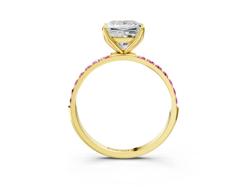 Yellow gold Princess Cut Diamond Solitaire Engagement Ring with Round with Pink Sapphire side stone Pavé Band and Prong Setting_3