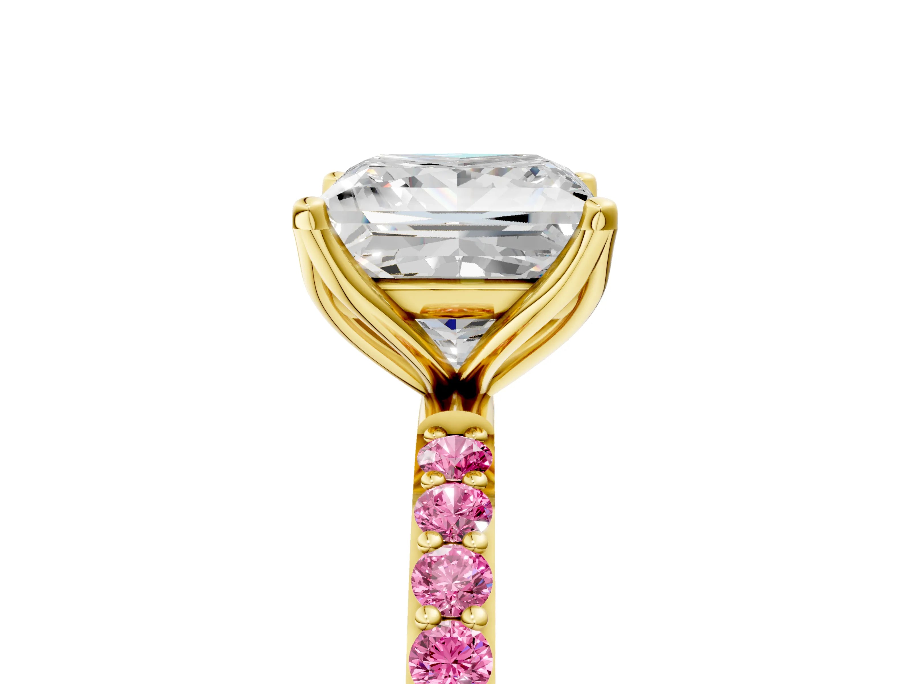 Yellow gold Princess Cut Diamond Solitaire Engagement Ring with Round with Pink Sapphire side stone Pavé Band and Prong Setting_5