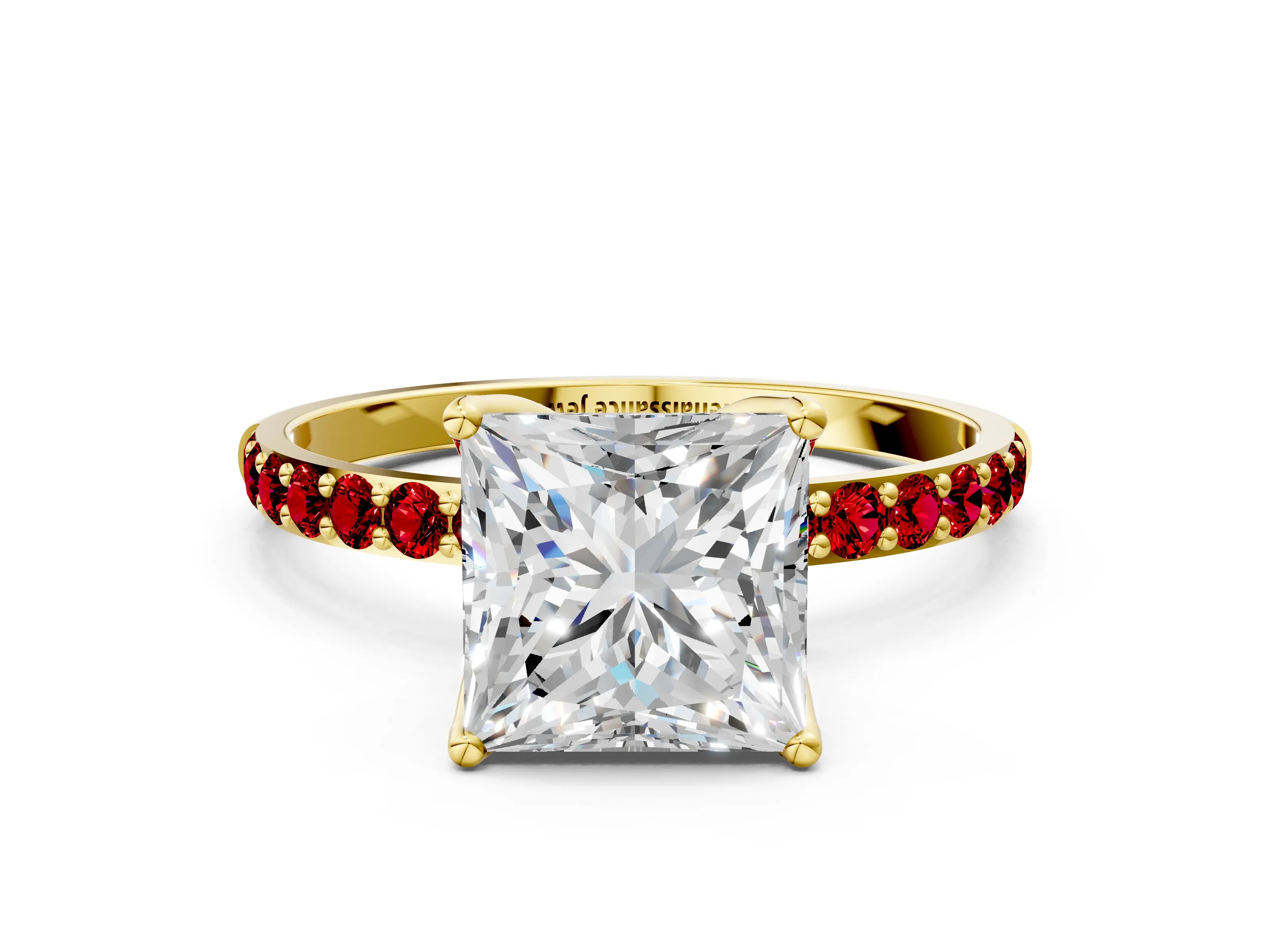 Yellow gold Princess Cut Diamond Solitaire Engagement Ring with Round with Ruby side stone Pavé Band and Prong Setting
