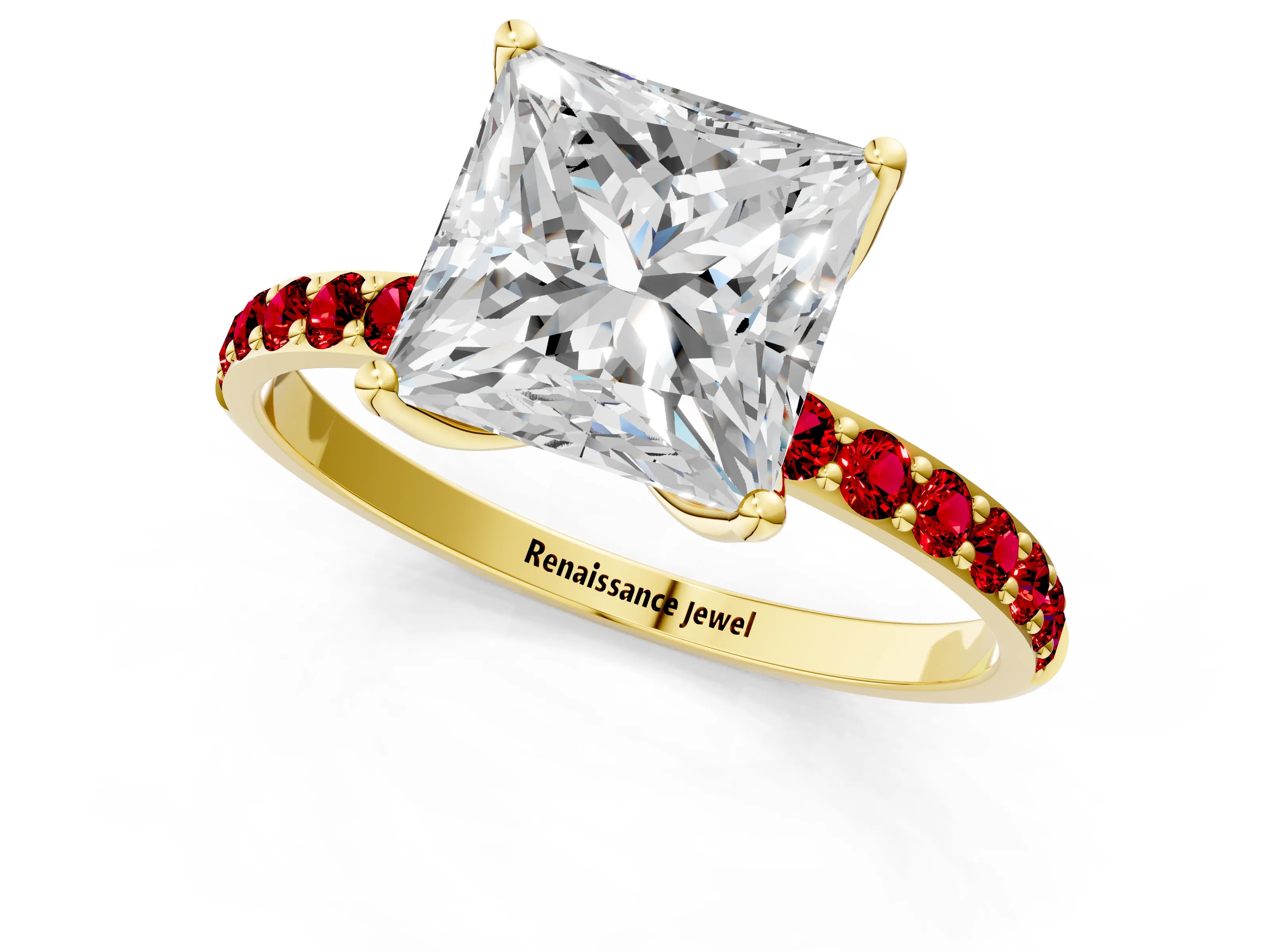 Yellow gold Princess Cut Diamond Solitaire Engagement Ring with Round with Ruby side stone Pavé Band and Prong Setting_1