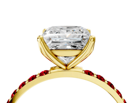 Yellow gold Princess Cut Diamond Solitaire Engagement Ring with Round with Ruby side stone Pavé Band and Prong Setting_4