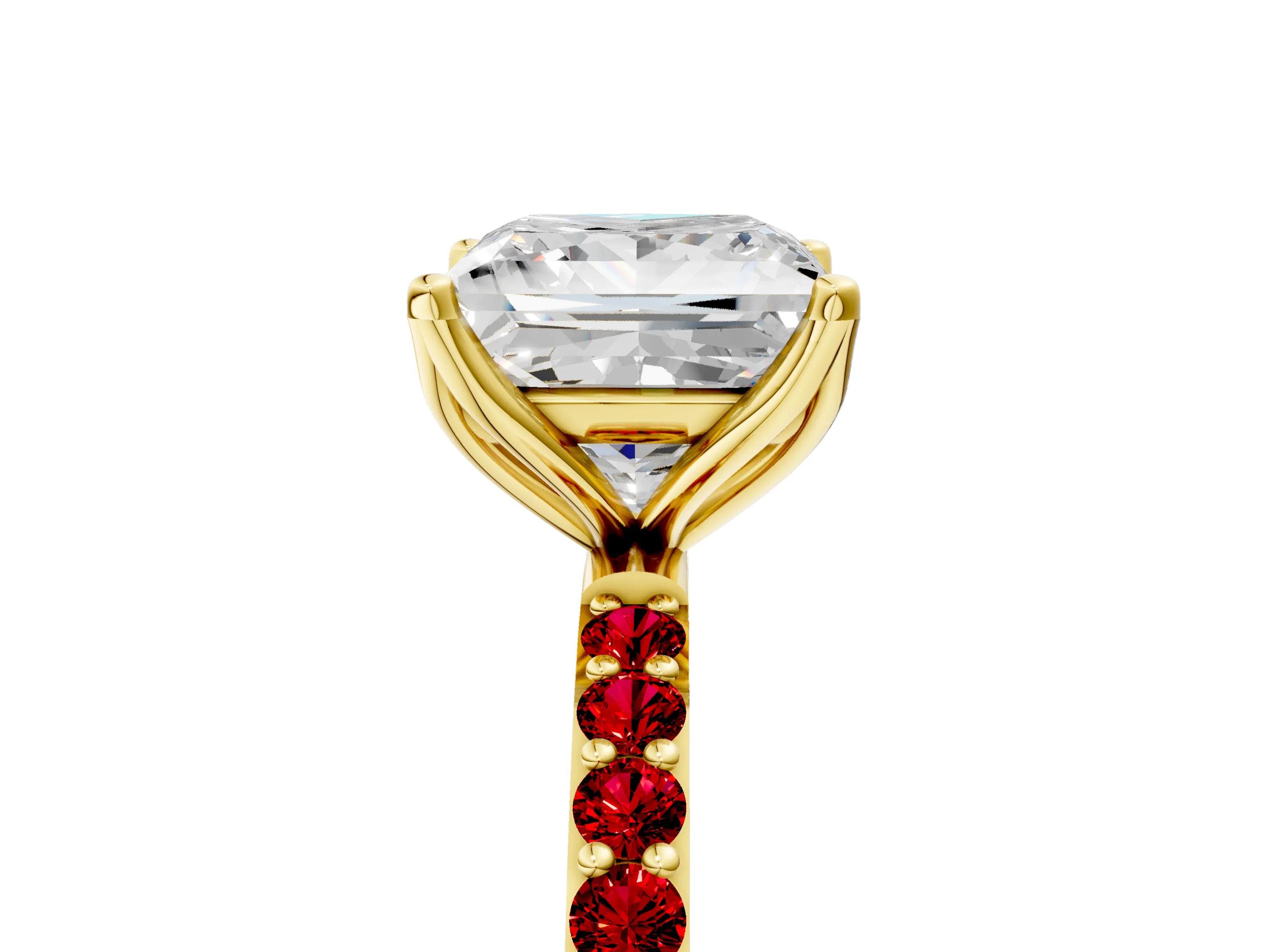 Yellow gold Princess Cut Diamond Solitaire Engagement Ring with Round with Ruby side stone Pavé Band and Prong Setting_5