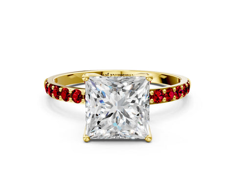 Yellow gold Princess Cut Diamond Solitaire Engagement Ring with Round with Ruby side stone Pavé Band and Prong Setting