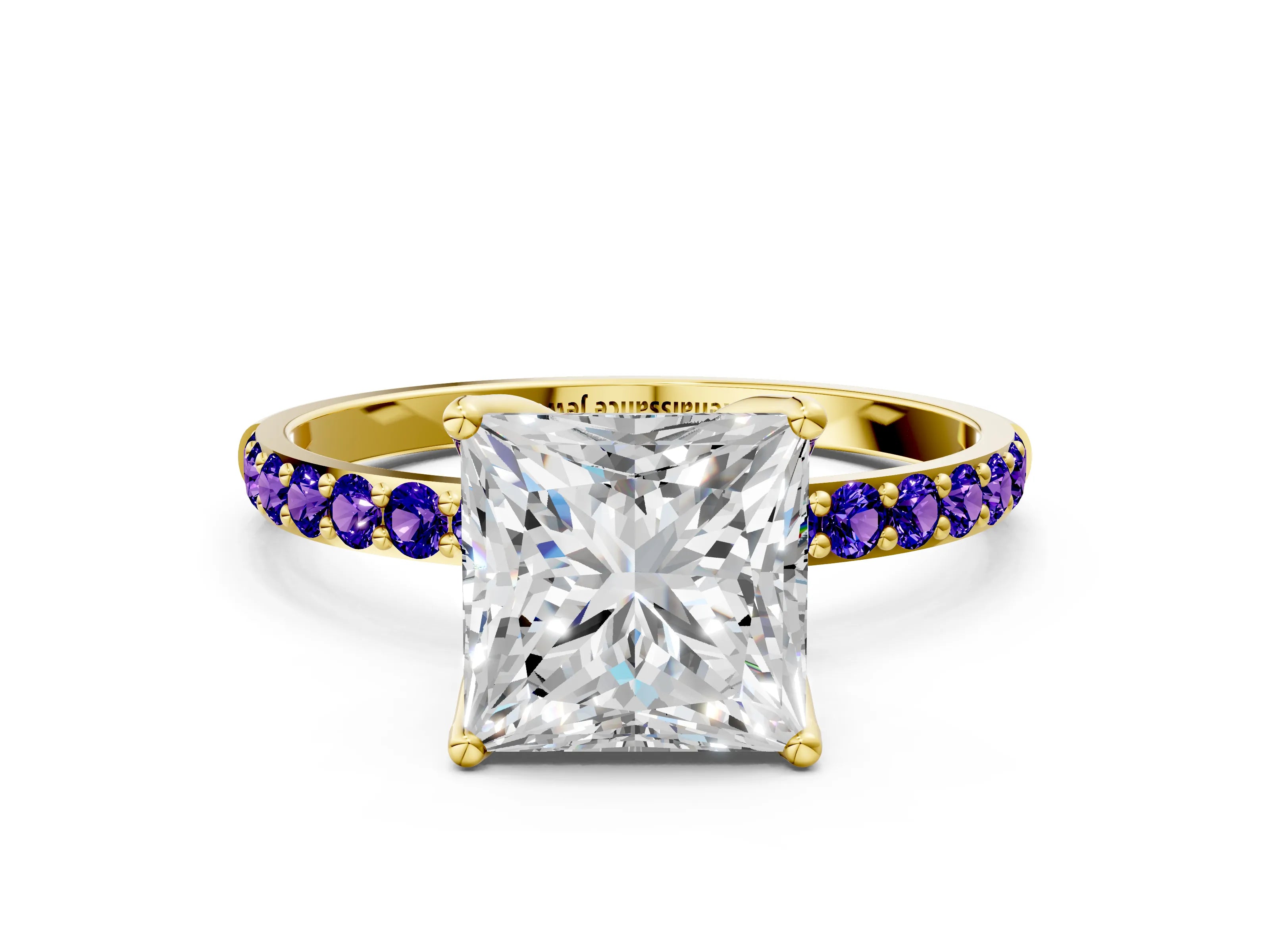 Yellow gold Princess Cut Diamond Solitaire Engagement Ring with Round with Tanzanite side stone Pavé Band and Prong Setting