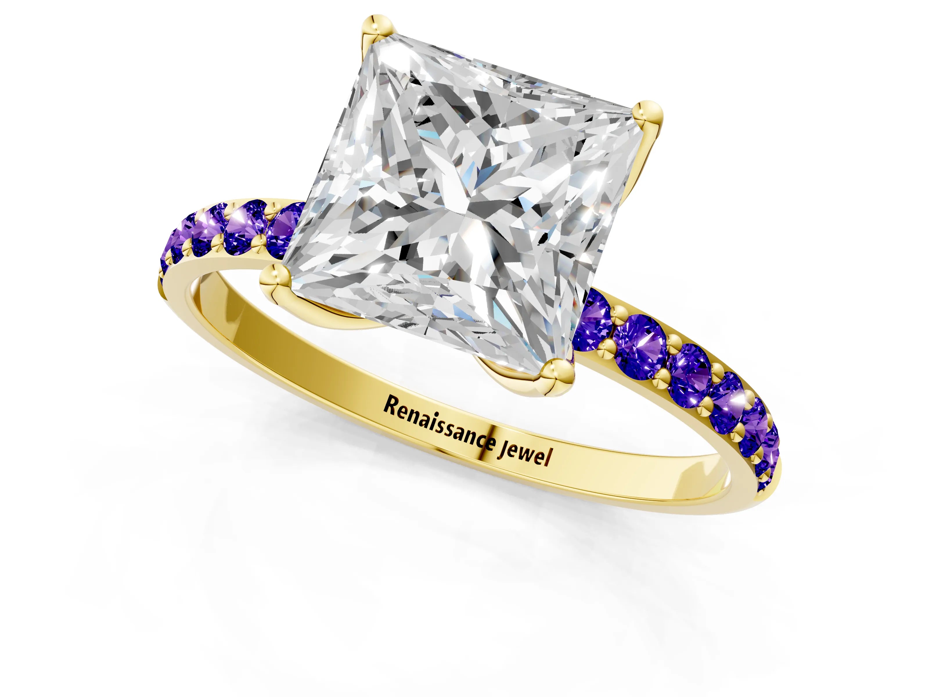 Yellow gold Princess Cut Diamond Solitaire Engagement Ring with Round with Tanzanite side stone Pavé Band and Prong Setting_1