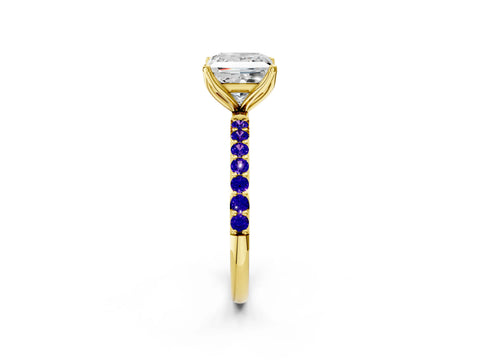 Yellow gold Princess Cut Diamond Solitaire Engagement Ring with Round with Tanzanite side stone Pavé Band and Prong Setting_2