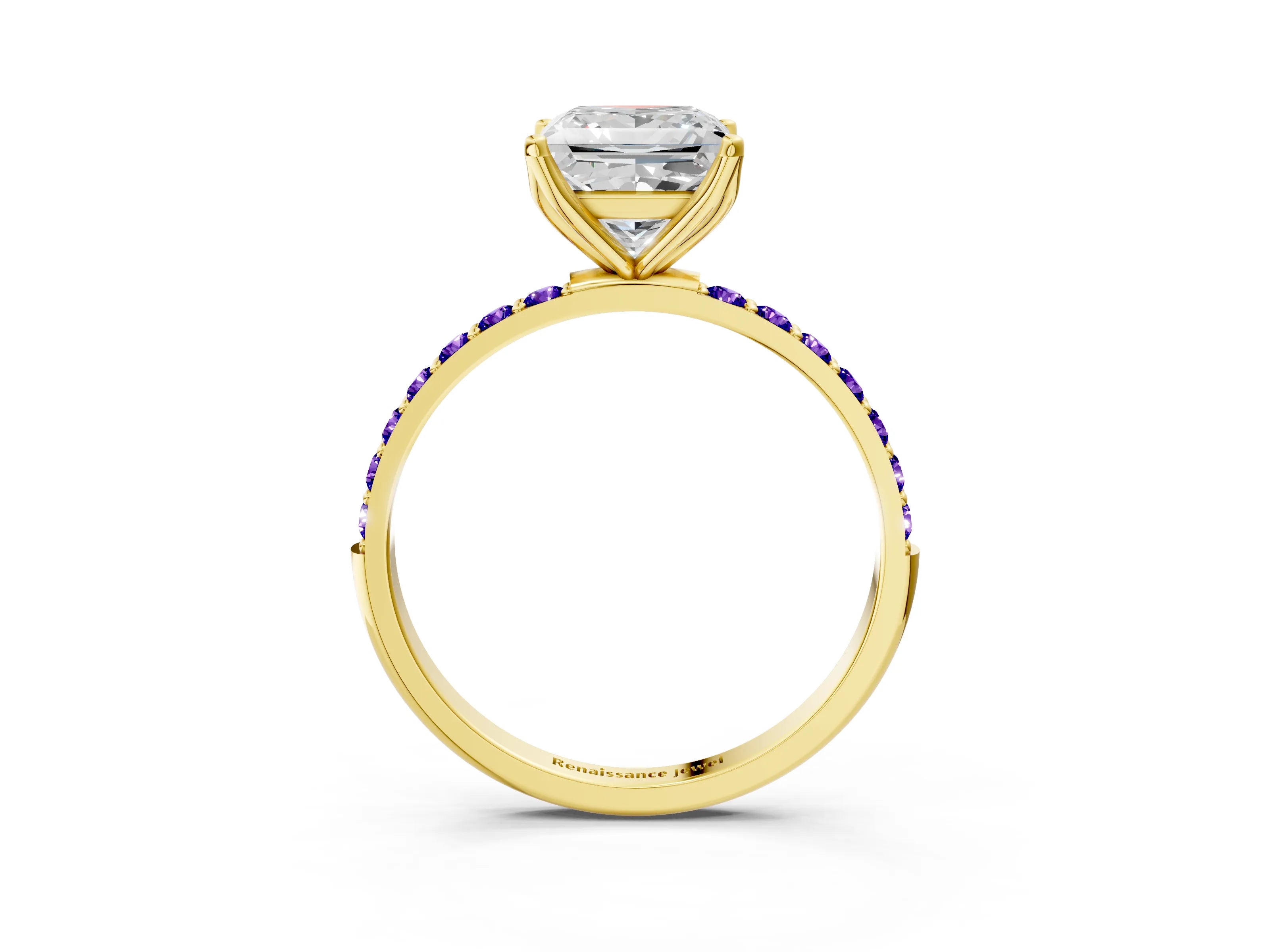 Yellow gold Princess Cut Diamond Solitaire Engagement Ring with Round with Tanzanite side stone Pavé Band and Prong Setting_3