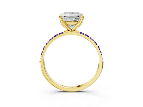Yellow gold Princess Cut Diamond Solitaire Engagement Ring with Round with Tanzanite side stone Pavé Band and Prong Setting_3