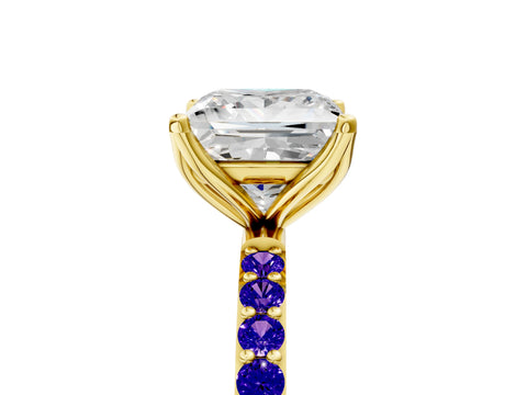 Yellow gold Princess Cut Diamond Solitaire Engagement Ring with Round with Tanzanite side stone Pavé Band and Prong Setting_5