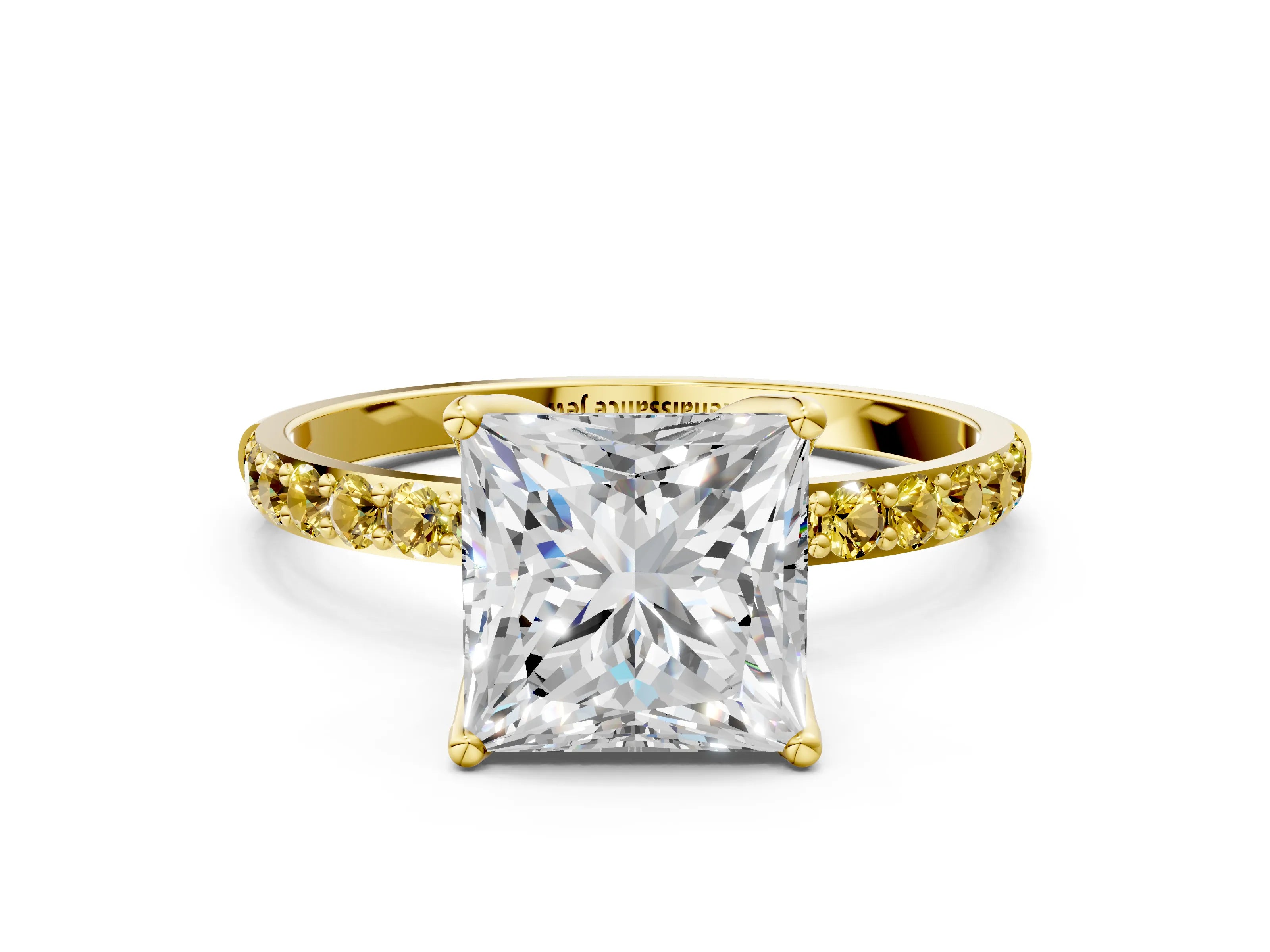 Yellow gold Princess Cut Diamond Solitaire Engagement Ring with Round with Yellow Sapphire side stone Pavé Band and Prong Setting