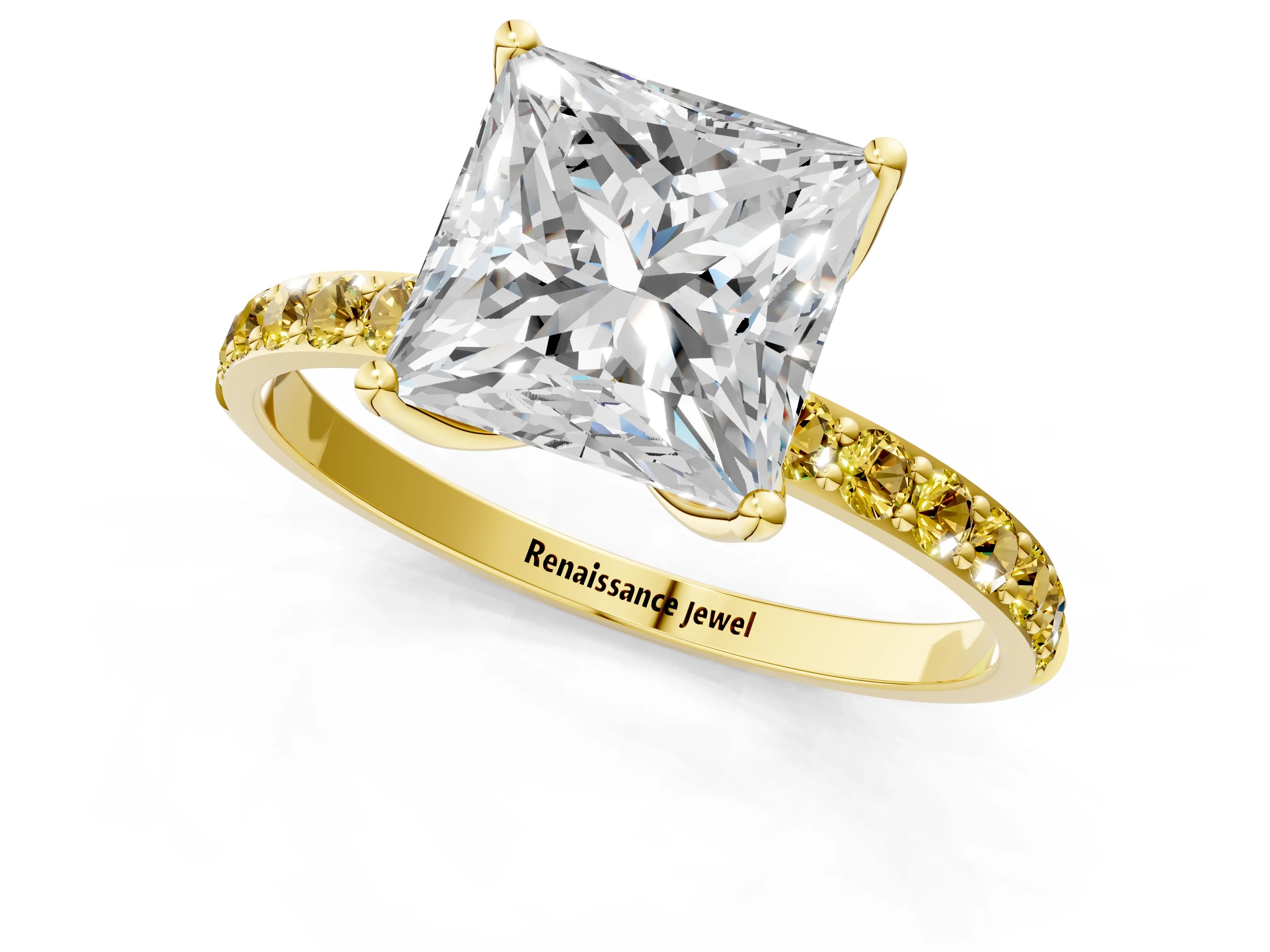 Yellow gold Princess Cut Diamond Solitaire Engagement Ring with Round with Yellow Sapphire side stone Pavé Band and Prong Setting_1