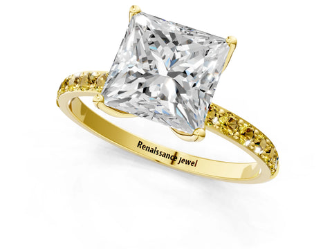 Yellow gold Princess Cut Diamond Solitaire Engagement Ring with Round with Yellow Sapphire side stone Pavé Band and Prong Setting_1