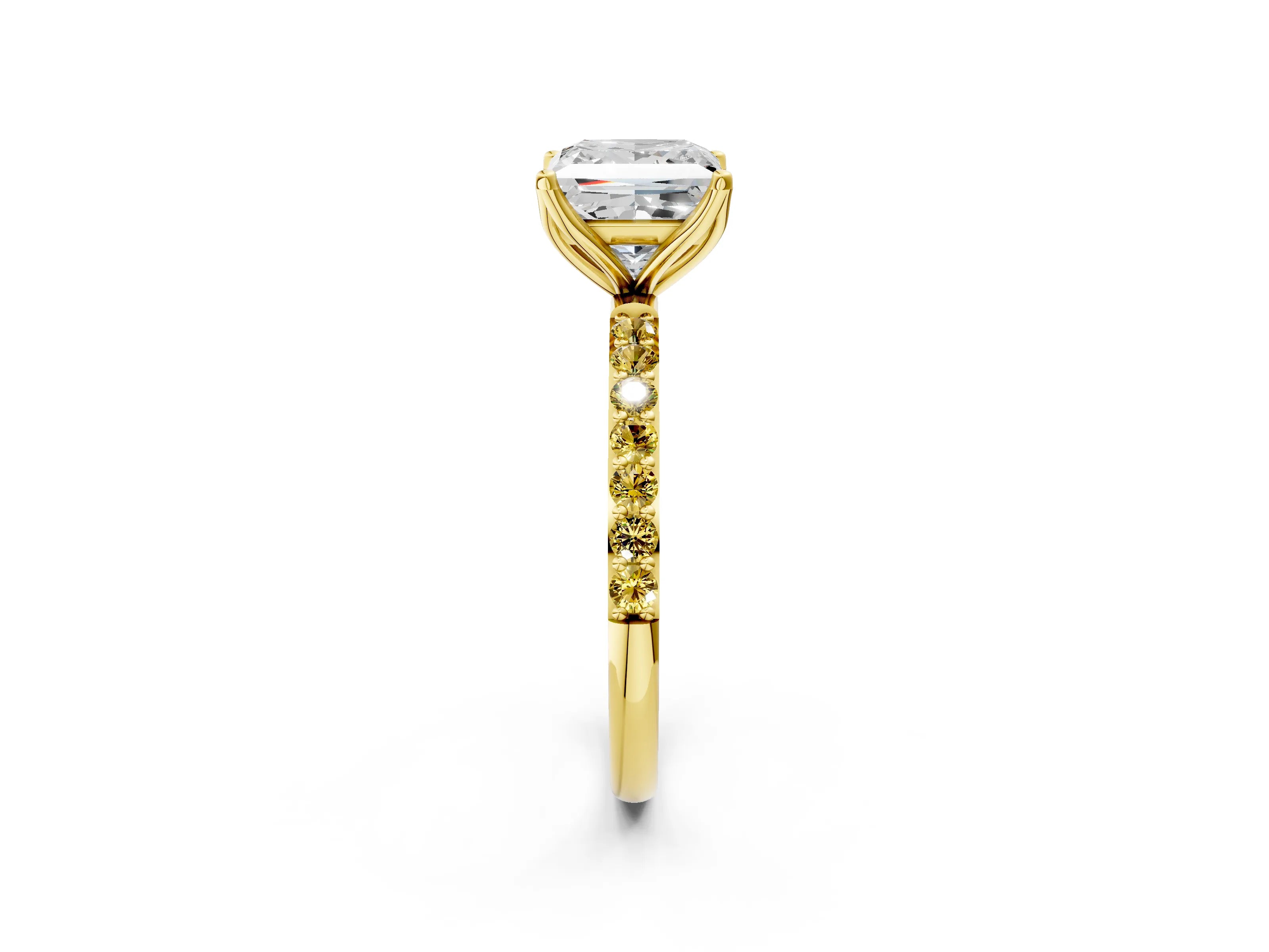 Yellow gold Princess Cut Diamond Solitaire Engagement Ring with Round with Yellow Sapphire side stone Pavé Band and Prong Setting_2