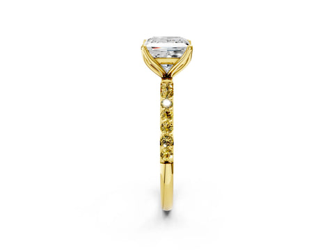 Yellow gold Princess Cut Diamond Solitaire Engagement Ring with Round with Yellow Sapphire side stone Pavé Band and Prong Setting_2