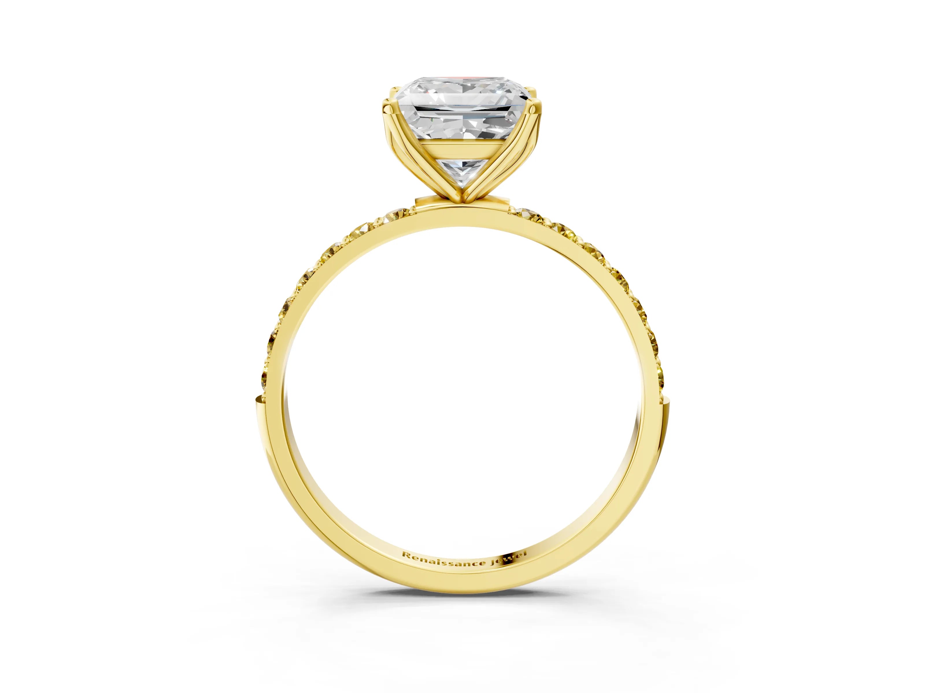 Yellow gold Princess Cut Diamond Solitaire Engagement Ring with Round with Yellow Sapphire side stone Pavé Band and Prong Setting_3