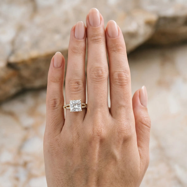 Yellow gold Princess Cut Diamond Solitaire Engagement Ring with Twisted Pavé Band and Four-Prong Setting