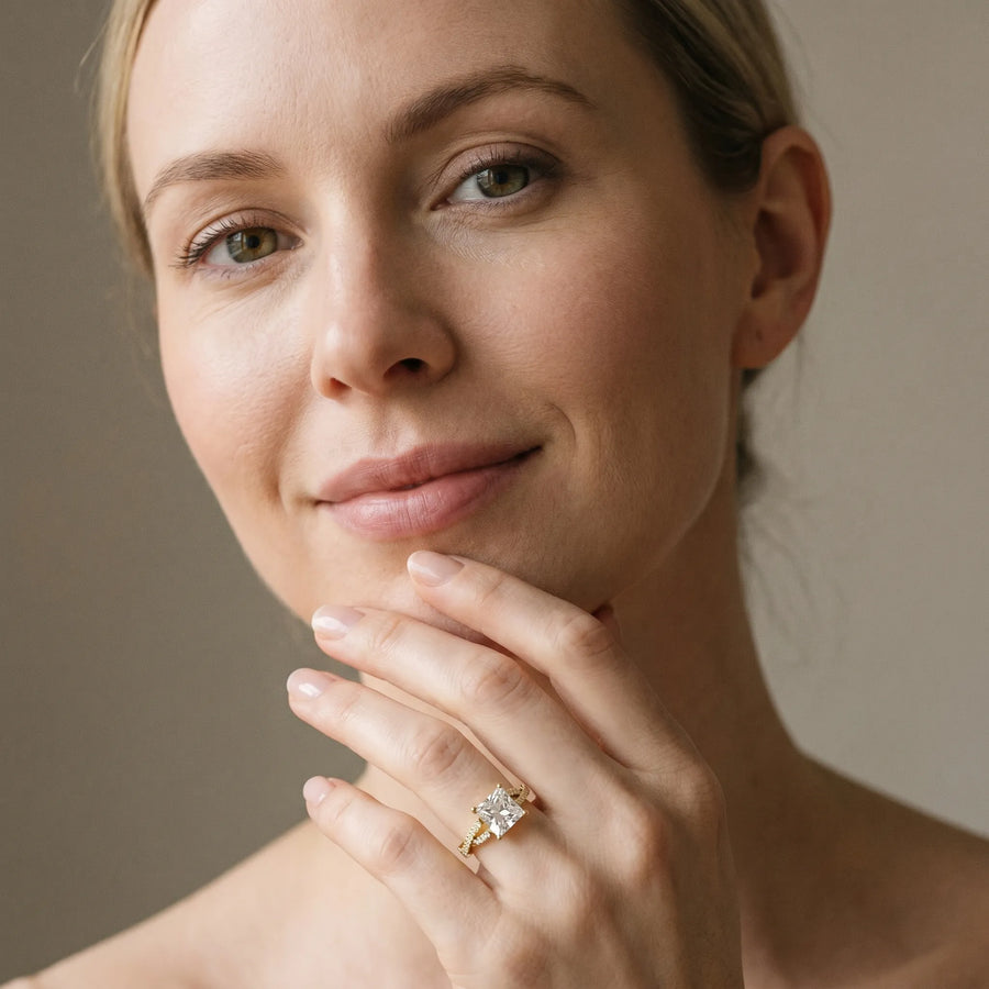 Yellow gold Princess Cut Diamond Solitaire Engagement Ring with Twisted Pavé Band and Four-Prong Setting