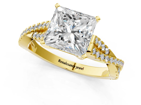 Yellow gold Princess Cut Diamond Solitaire Engagement Ring with Twisted Pavé Band and Four-Prong Setting