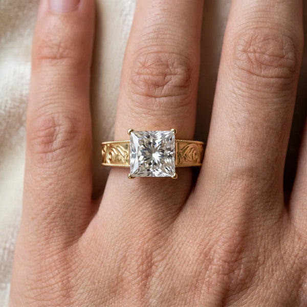 Yellow Gold Princess Cut Vintage Solitaire Engagement Ring Setting with Leaf Scroll Engraved Band