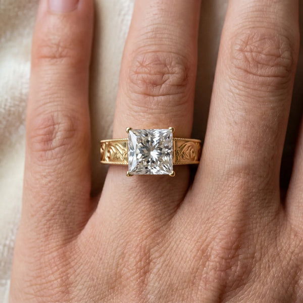 10K Yellow Gold 0.99 Carat E VVS2 Princess Diamond Solitaire Ring with Engraved Band and Four-Prong Setting