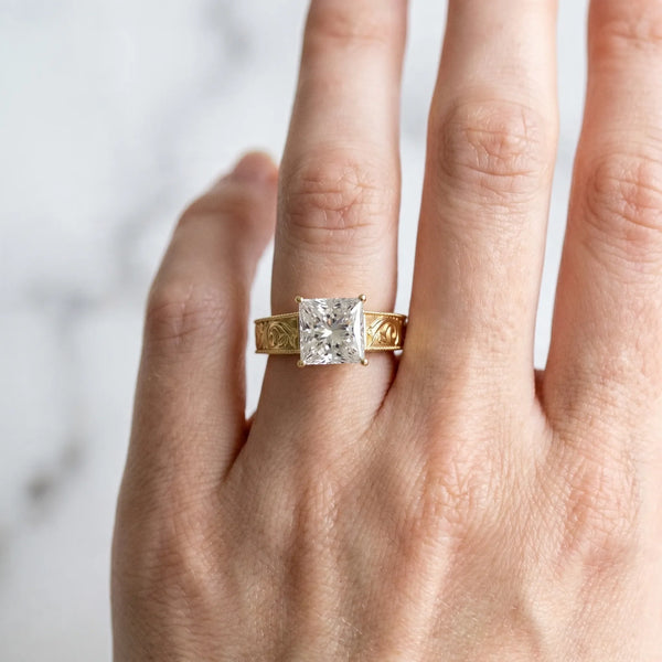 10K Yellow Gold 0.99 Carat E VVS2 Princess Diamond Solitaire Ring with Engraved Band and Four-Prong Setting