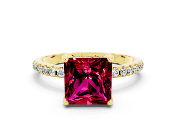 Yellow gold Princess Cut Garnet Hidden Halo Engagement Ring with Round Pavé Band and Prong Setting