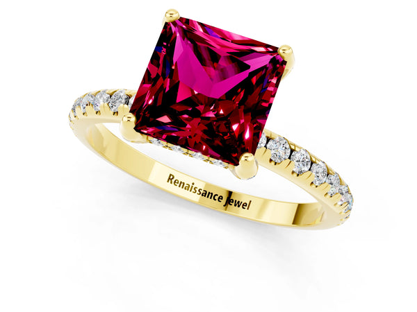Yellow gold Princess Cut Garnet Hidden Halo Engagement Ring with Round Pavé Band and Prong Setting