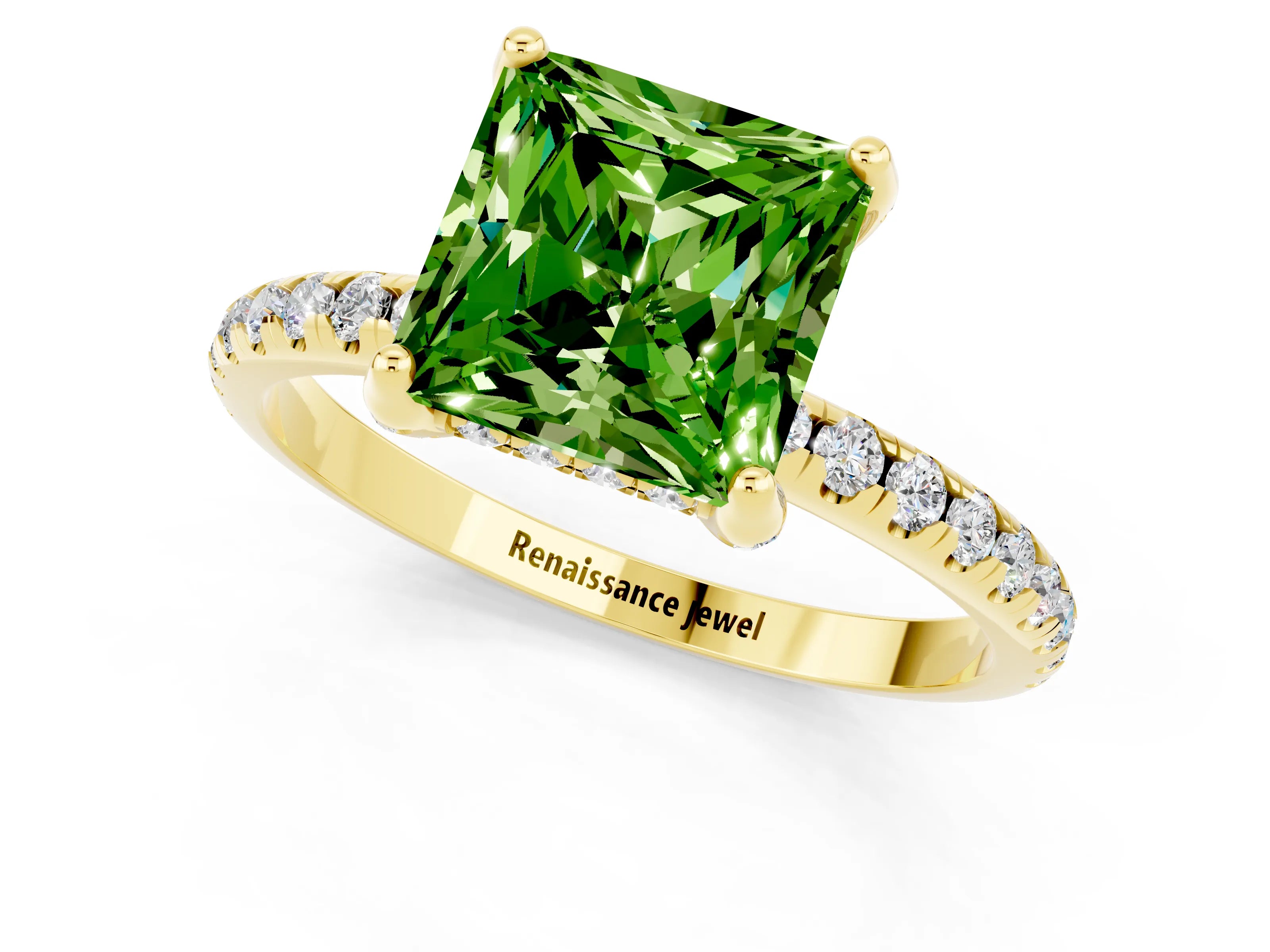 Yellow gold Princess Cut Diamond Solitaire Ring with Four-Prong Setting and Pavé Band_1