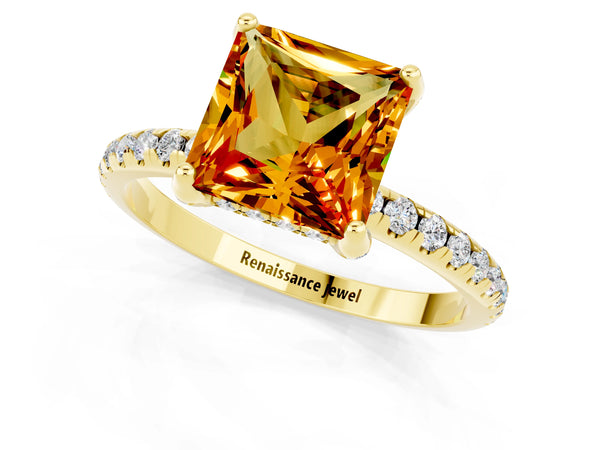 Yellow gold Princess Cut Citrine Hidden Halo Engagement Ring with Round Pavé Band and Prong Setting