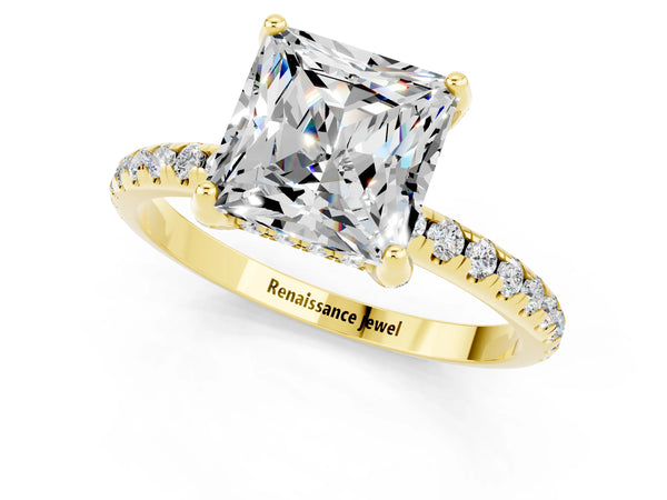 Yellow gold Princess Cut Moissanite Hidden Halo Engagement Ring with Round Pavé Band and Prong Setting