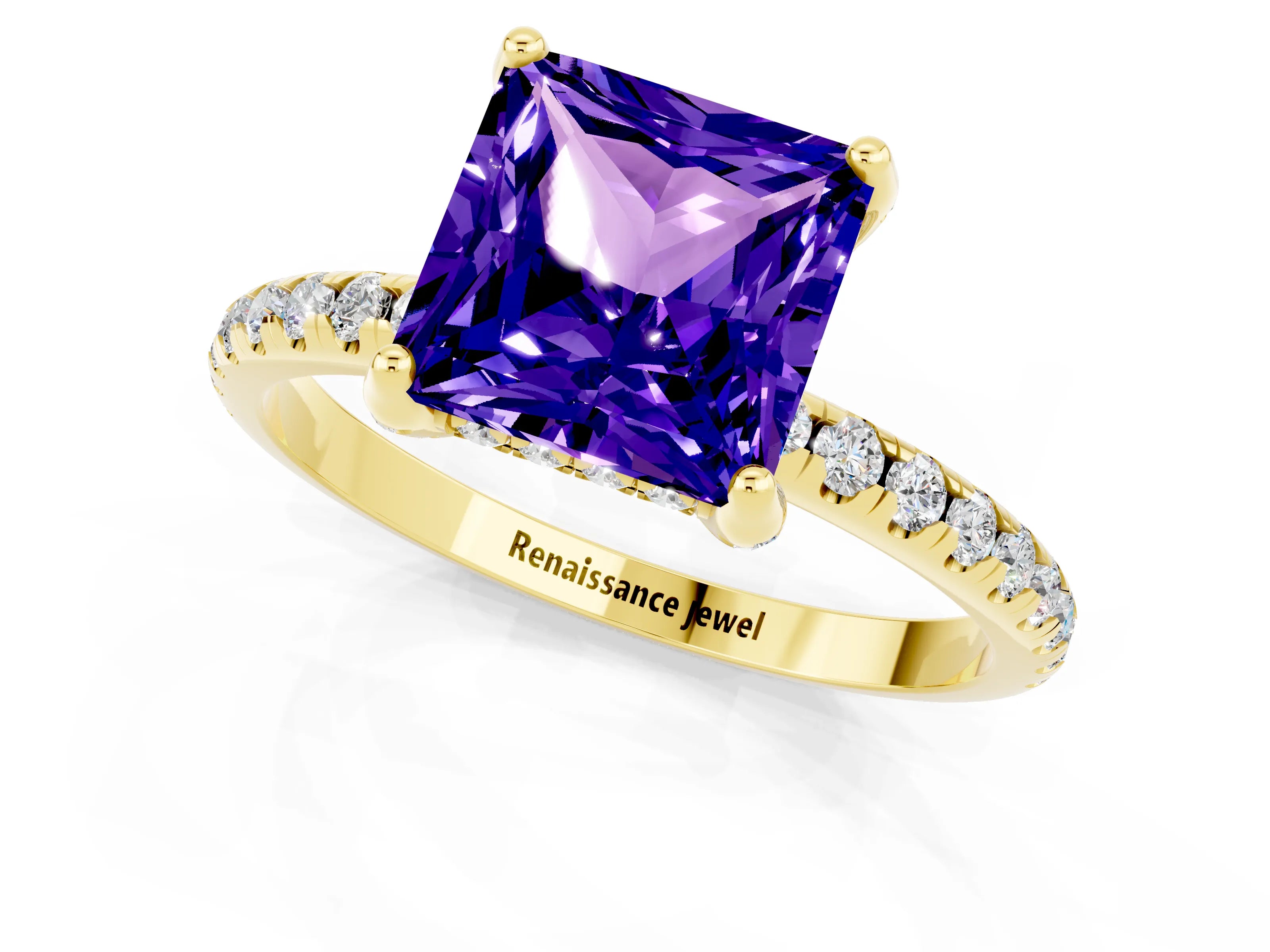 Yellow gold Princess Cut Diamond Solitaire Ring with Four-Prong Setting and Pavé Band_1