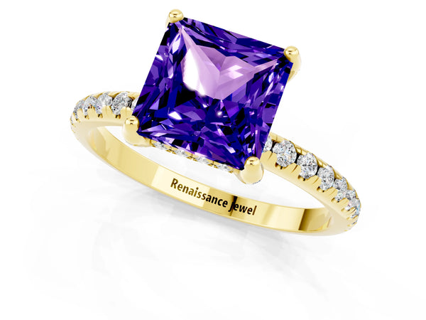 Yellow gold Princess Cut Tanzanite Hidden Halo Engagement Ring with Round Pavé Band and Prong Setting
