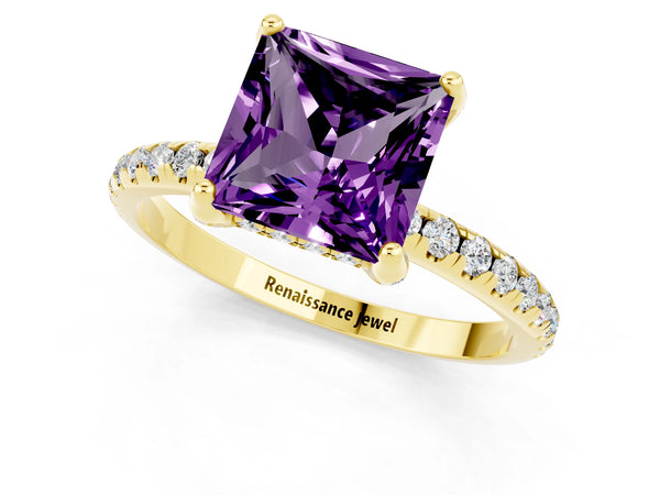 Yellow gold Princess Cut Amethyst Hidden Halo Engagement Ring with Round Pavé Band and Prong Setting