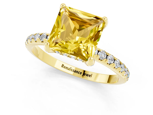 Yellow gold Princess Cut Yellow Sapphire Hidden Halo Engagement Ring with Round Pavé Band and Prong Setting