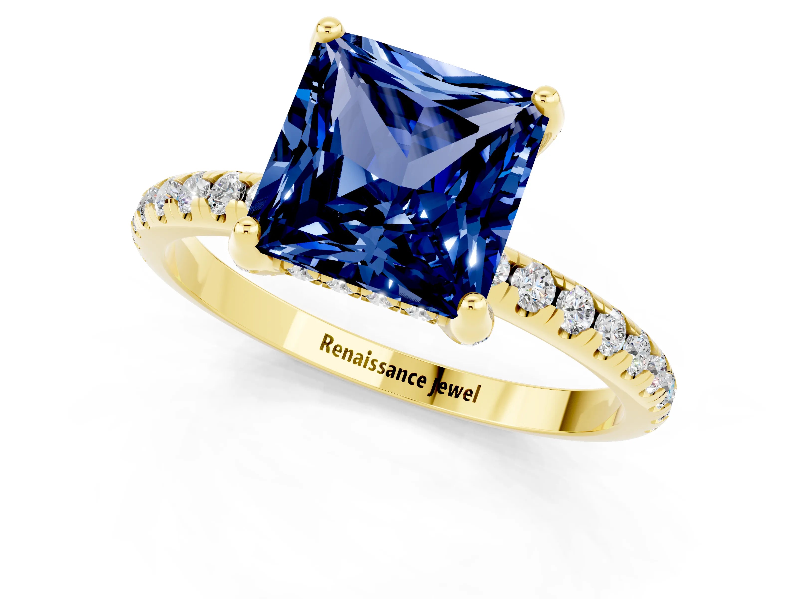 Yellow gold Princess Cut Diamond Solitaire Ring with Four-Prong Setting and Pavé Band_1