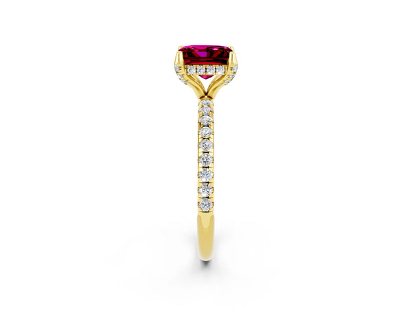 Yellow gold Princess Cut Garnet Hidden Halo Engagement Ring with Round Pavé Band and Prong Setting