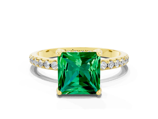 Yellow gold Princess Cut Emerald Hidden Halo Engagement Ring with Round Pavé Band and Prong Setting