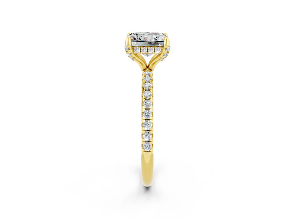 Yellow gold Princess Cut Moissanite Hidden Halo Engagement Ring with Round Pavé Band and Prong Setting