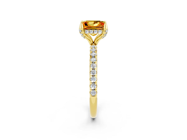 Yellow gold Princess Cut Citrine Hidden Halo Engagement Ring with Round Pavé Band and Prong Setting