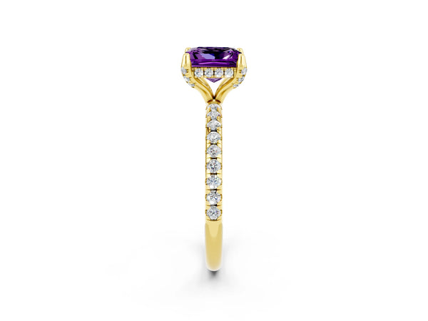 Yellow gold Princess Cut Amethyst Hidden Halo Engagement Ring with Round Pavé Band and Prong Setting