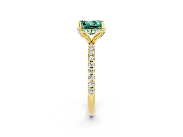 Yellow gold Princess Cut Green Sapphire Hidden Halo Engagement Ring with Round Pavé Band and Prong Setting