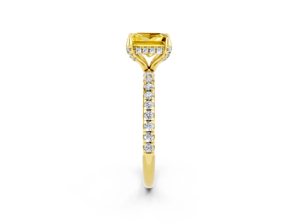 Yellow gold Princess Cut Yellow Sapphire Hidden Halo Engagement Ring with Round Pavé Band and Prong Setting