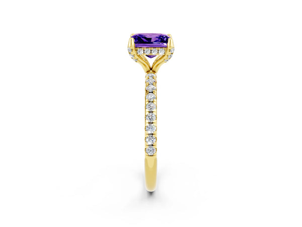Yellow gold Princess Cut Tanzanite Hidden Halo Engagement Ring with Round Pavé Band and Prong Setting