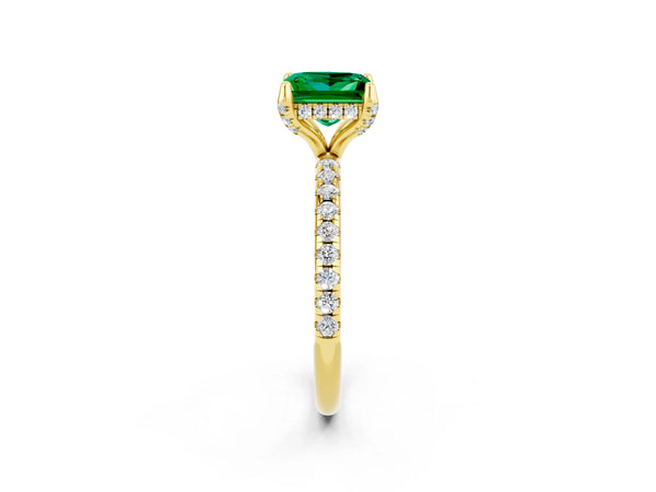 Yellow gold Princess Cut Emerald Hidden Halo Engagement Ring with Round Pavé Band and Prong Setting