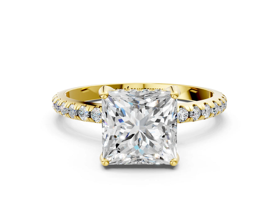 Yellow gold Princess Cut Diamond Solitaire Ring with Four-Prong Setting and Pavé Band