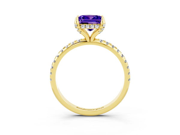 Yellow gold Princess Cut Tanzanite Hidden Halo Engagement Ring with Round Pavé Band and Prong Setting