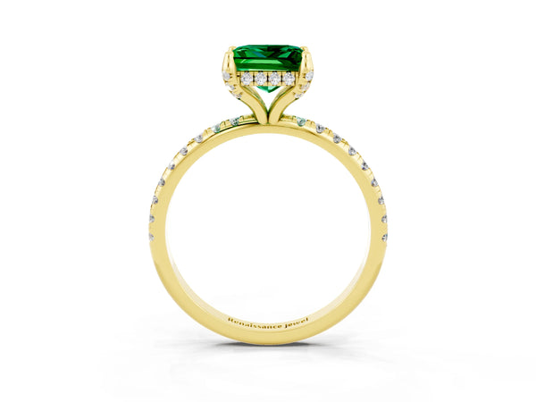 Yellow gold Princess Cut Emerald Hidden Halo Engagement Ring with Round Pavé Band and Prong Setting